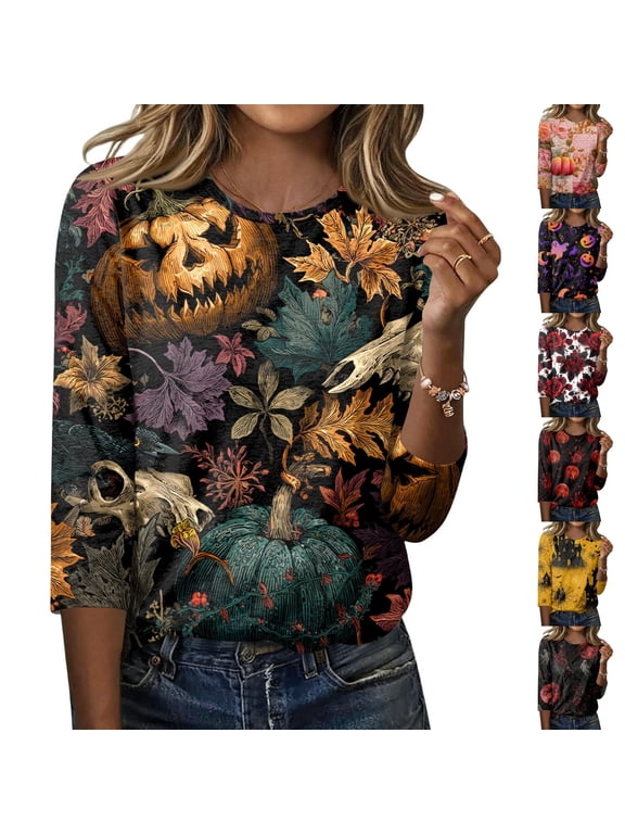 Women's Gothic Red Moon Rose Ghost Haunted Castle 3/4 Sleeve Round Neck Tunic Top, Casual Loose Fit Spooky Halloween Graphic Blouse for Fall Party Daily Wear 3XL