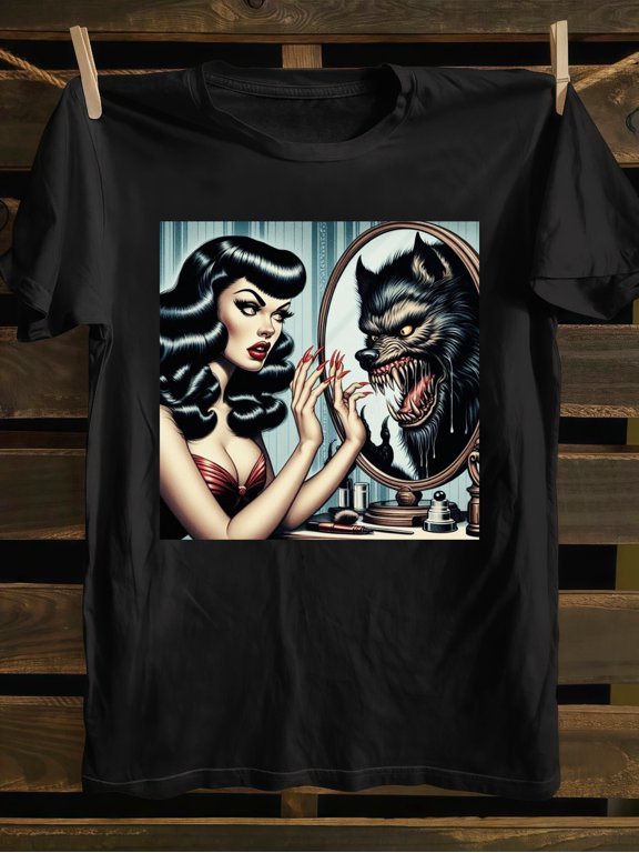 Women's Gothic Retro Pinup Werewolf Reflection T-Shirt