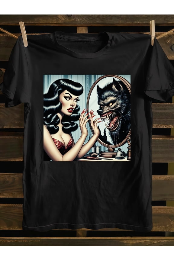 Women's Gothic Retro Pinup Werewolf Reflection T-Shirt