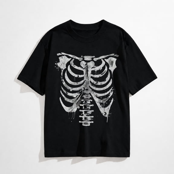 Women's Gothic Rib Cage Bow Graphic T-Shirt, Skeleton Halloween Short Sleeve Tee