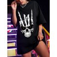 thumbnail image 1 of Women's Gothic Rock Skeleton Skull Graphic Oversized T-Shirt, 1 of 6