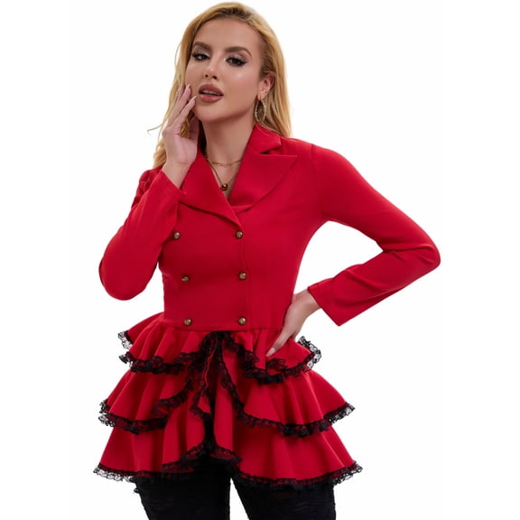 Women’s Gothic Ruffle Blazer Jacket – Victorian Steampunk Style Double-Breasted Corset Back Peplum Coat