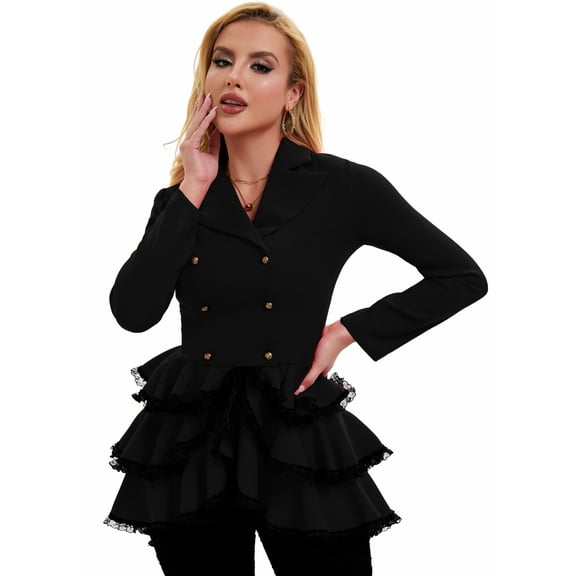 Women’s Gothic Ruffle Blazer Jacket – Victorian Steampunk Style Double-Breasted Corset Back Peplum Coat