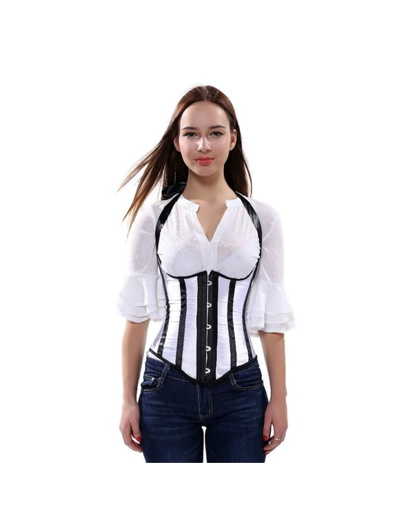 Women's Gothic Satin Striped Underbust Corset Top Plus Size White 3XL