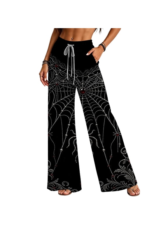 Women's Gothic Skeleton Rose Print Wide Leg Pants, High Waist Elastic Drawstring Palazzo Pants with Pockets