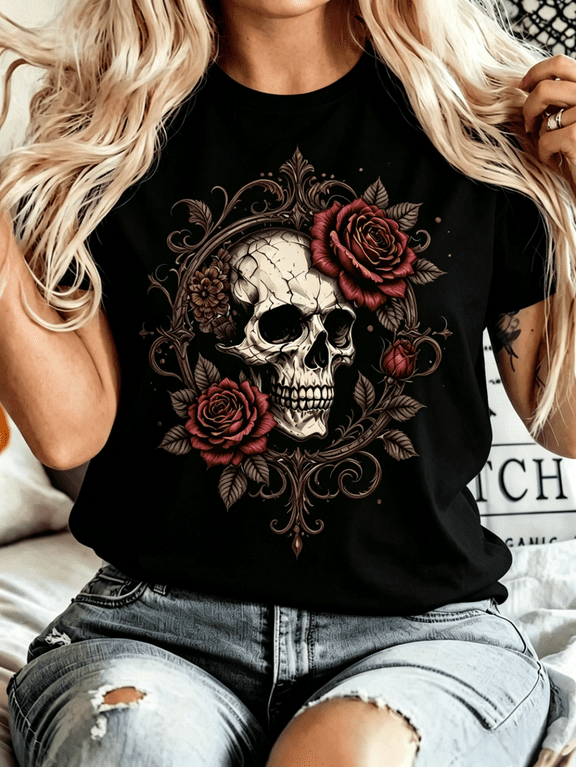Women's Gothic Skull Burgundy Red Rose Graphic T-Shirt, Vintage Ornate Floral Skull Short Sleeve Crew Neck Casual Tee