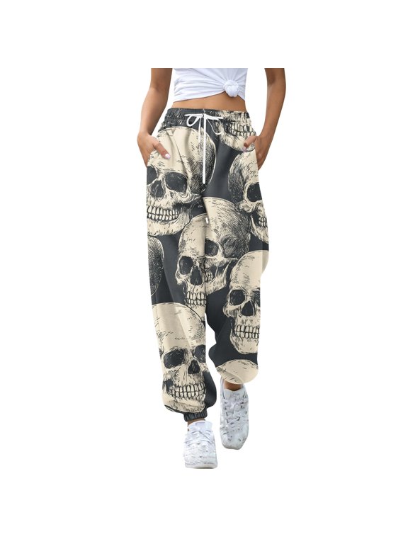 Women's Gothic Skull Rose Butterfly Print Casual Pants, High Waist Elastic Drawstring Lounge Trousers with Pockets