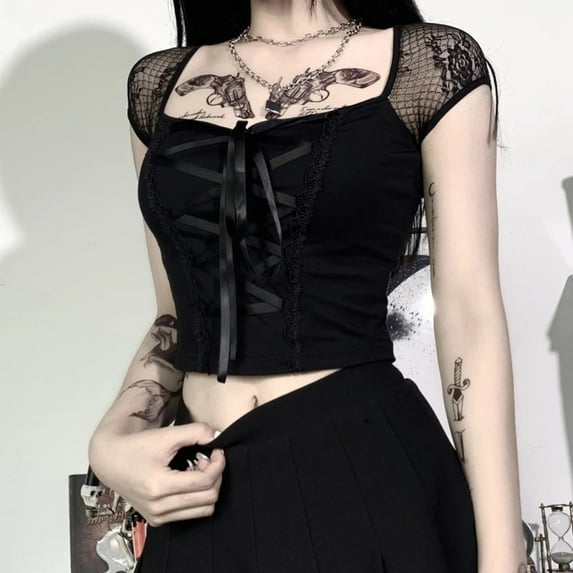 Women's Gothic Square Neck Short Sleeve Cropped Top For Daily Life Dating Club Party Street School Dance Travel Going Out Outdoor Holiday