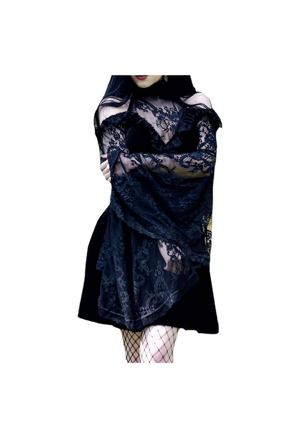 Women’s Gothic Steampunk Dress Emo Alt Velvet Lace Halter Neck Vintage Goth Dress Renaissance Party Cosplay Dress