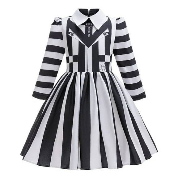 Women's Gothic Striped Dress - Black & White Dramatic Costume