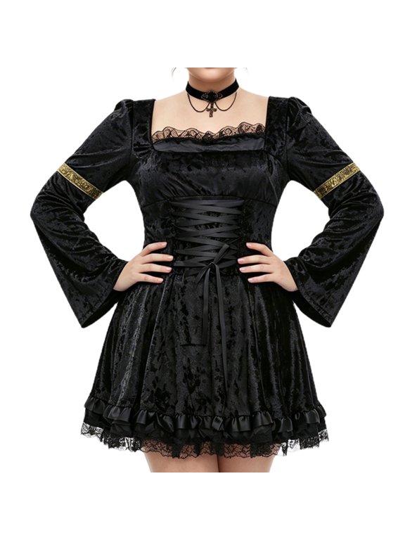 Women's Gothic Vampire Devil Velvet Lace Dress Square Neck Bell Sleeve Mini Dress with Lace Up Front for Halloween Dark Costume Party Black M