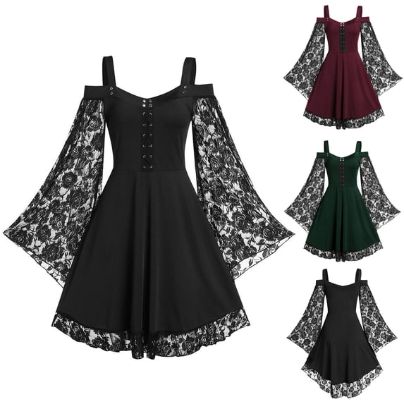 Women's Gothic Vintage Dress Ladies Casual Dresses Retro A Line Swing Short Goth Dress Off Shoulder Lace up Dress Bodycon Dress Office Wear for Casual Club Cocktail Evening Gowns Work Party Dress