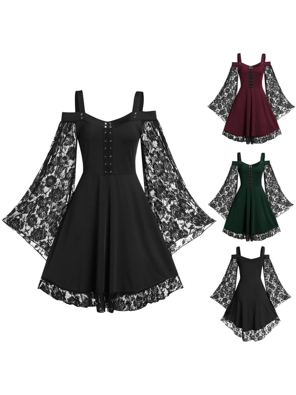 Women's Gothic Vintage Dress Ladies Casual Dresses Retro A Line Swing Short Goth Dress Off Shoulder Lace up Dress Bodycon Dress Office Wear for Casual Club Cocktail Evening Gowns Work Party Dress
