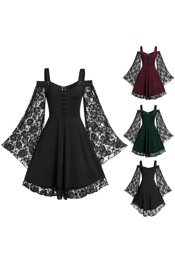 Women's Gothic Vintage Dress Ladies Casual Dresses Retro A Line Swing Short Goth Dress Off Shoulder Lace up Dress Bodycon Dress Office Wear for Casual Club Cocktail Evening Gowns Work Party Dress