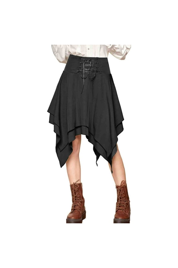 Women's Gothic Vintage Skirt Irregular Hem Skirt Tie Tunic Skirt High Waisted Dress