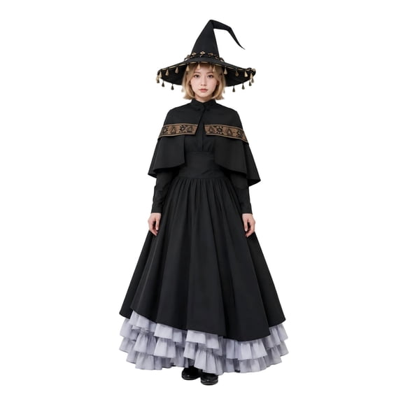 Women's Gothic Witch Costume Set Halloween Magic Sorceress Cape Dress Outfit with Pointed Hat Fancy Dress Party Cosplay Costumes