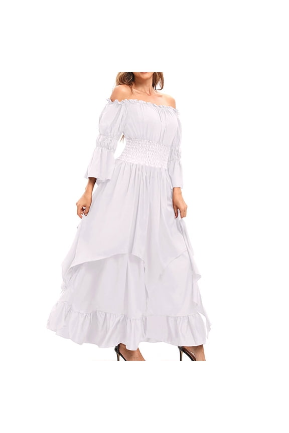 Women's Gothic Witch Dress Vintage Medieval Renaissance Costume Victorian Dress Flowy Ruffle Maxi Dresses
