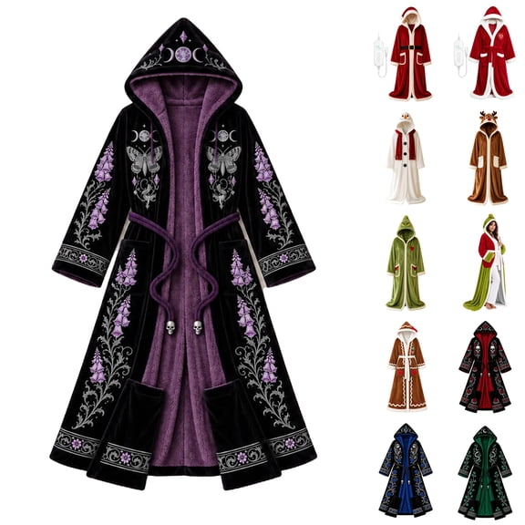 Women's Gothic Witch Heated Robe with Moon Phases, Dark Purple Lining Plush Hooded Bathrobe, Cozy Full-Length Wearable Flannel Blanket Cloak with Pockets