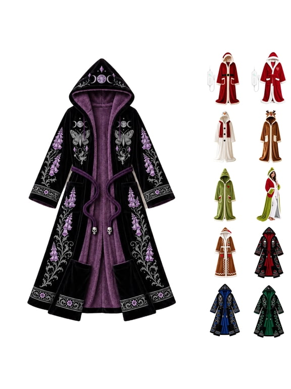 Women's Gothic Witch Heated Robe with Moon Phases, Dark Purple Lining Plush Hooded Bathrobe, Cozy Full-Length Wearable Flannel Blanket Cloak with Pockets