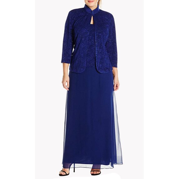 Alex Evenings Women's Plus Size Long Dress with Mandarin Neckline Jacket, Electric Blue, 20W