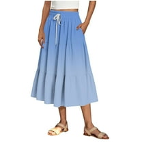 Women's Gradient Boho Flowy Midi Skirt Summer Casual Elastic High Waist Tiered Long Skirts with Pockets
