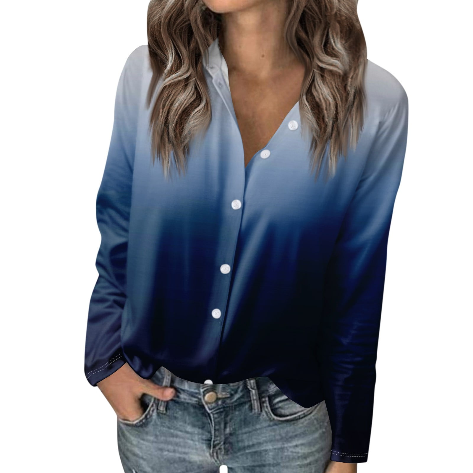 Women s Gradient Button Down Long Sleeve Blouse Casual V Neck Ombre Shirt