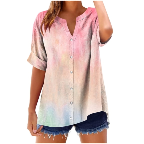 Women's Gradient Button Down Shirts Fold Short Sleeve Business Casual Tops V Neck Summer T Shirts Dressy Work Blouses