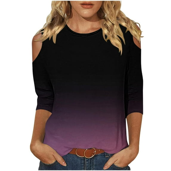 Women's Gradient Color 3/4 Sleeve Loose Fit Flowy Tunic Tops Vintage Dressy Casual Tops for Lady Summer Clothes for Teen Girls Fashion 2024 Spring Elegant Shirts Round Neck Blouse Purple T Shirts S