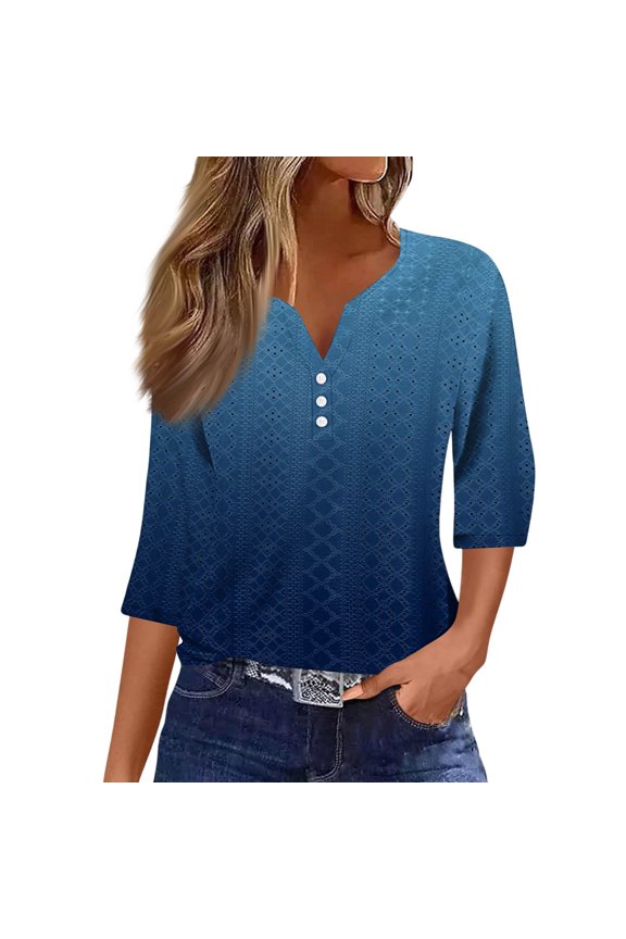 Women's Gradient Color Block V-Neck 3/4 Sleeve T-Shirt with Button Trim, Modern Casual Top for Art Galleries or Casual Fridays,Dark Blue S