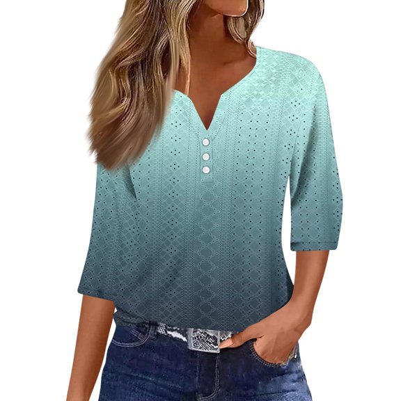 Women's Gradient Color Block V-Neck 3/4 Sleeve T-Shirt with Button Trim, Modern Casual Top for Art Galleries or Casual Fridays,Light Blue XL