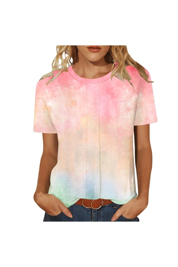Women's Gradient Color Crew Neck Short Sleeve T-Shirt, Casual Loose Fit Colorful Transition Top for Summer Street Style