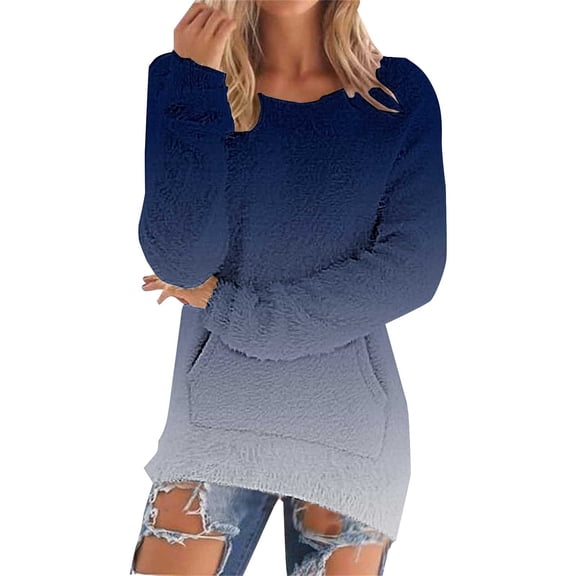 Women's Gradient Color Fleece Pullover with Pockets, Soft Warm Long Sleeve Mid-Length Sweater, Casual Comfortable Streetwear and Loungewear for Daily Wear and Cold Weather Navy XXXXL
