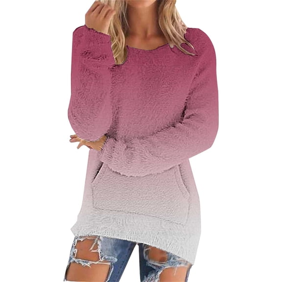 Women's Gradient Color Fleece Pullover with Pockets, Soft Warm Long Sleeve Mid-Length Sweater, Casual Comfortable Streetwear and Loungewear for Daily Wear and Cold Weather Hot Pink XL