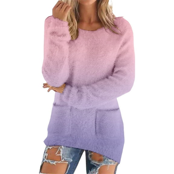 Women's Gradient Color Fleece Pullover with Pockets, Soft Warm Long Sleeve Mid-Length Sweater, Casual Comfortable Streetwear and Loungewear for Daily Wear and Cold Weather Pink XL