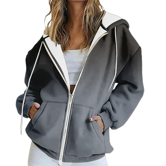 Women's Gradient Color Full Zip Hooded Sweatshirt, Soft Breathable Long Sleeve Pullover for Spring Autumn Casual Wear, Streetwear Fashion and Daily Comfort Black L