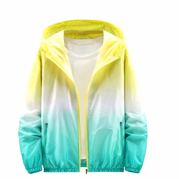 Women's Gradient Color Hooded Windbreaker Lightweight Zip-Up Waterproof Jacket with Side Pockets