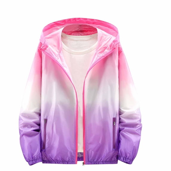 Women's Gradient Color Hooded Windbreaker Lightweight Zip-Up Waterproof Jacket with Side Pockets