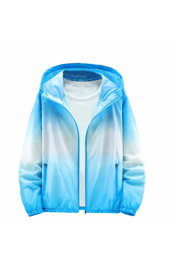Women's Gradient Color Hooded Windbreaker Lightweight Zip-Up Waterproof Jacket with Side Pockets