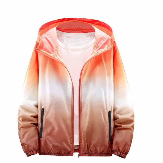 Women's Gradient Color Hooded Windbreaker Lightweight Zip-Up Waterproof Jacket with Side Pockets