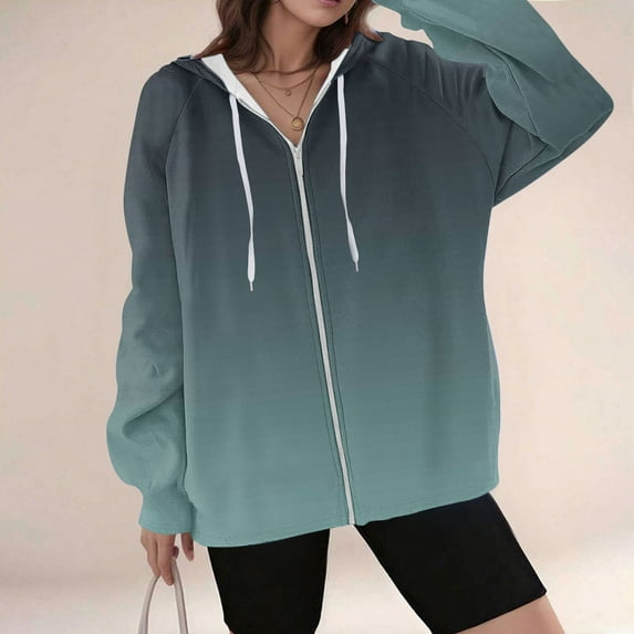 Women's Gradient Color Hoodies V Neck Long Sleeve Quarter Zip Up Lightweight Oversized Casual Hooded Sweatshirt (M, Light Blue)