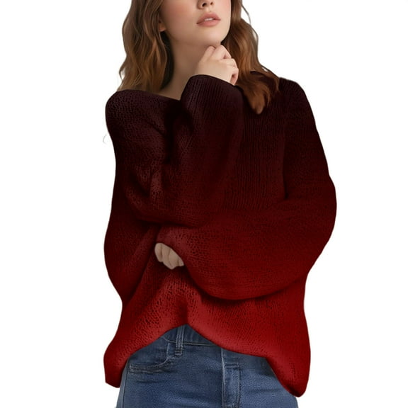 Women's Gradient Color Knit Pullover Sweater, Lightweight Loose Fit Long Sleeve Crewneck Top for Winter Warmth, Casual Streetwear, Daily Layering and Versatile Occasions Black L