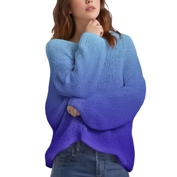 Women's Gradient Color Knit Pullover Sweater, Lightweight Loose Fit Long Sleeve Crewneck Top for Winter Warmth, Casual Streetwear, Daily Layering and Versatile Occasions Blue L