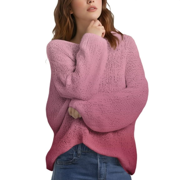 Women's Gradient Color Knit Pullover Sweater, Lightweight Loose Fit Long Sleeve Crewneck Top for Winter Warmth, Casual Streetwear, Daily Layering and Versatile Occasions Wine S