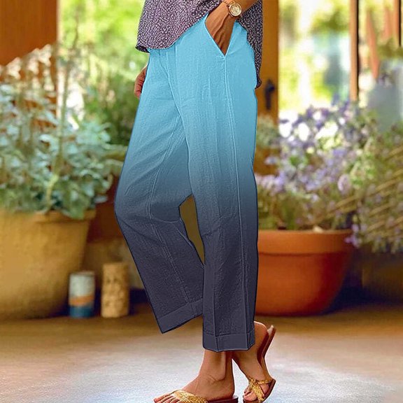 Women's Gradient Color Linen Pants High Waisted Wide Leg Trousers with Pockets Breathable Casual Lounge Beach Vacation Pants 2025 Trendy Fashion Blue XL