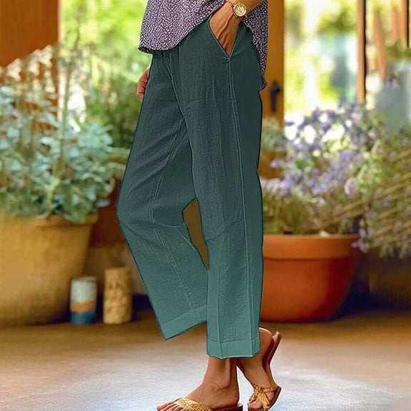 Women's Gradient Color Linen Pants High Waisted Wide Leg Trousers with Pockets Breathable Casual Lounge Beach Vacation Pants 2025 Trendy Fashion Green XXXXL