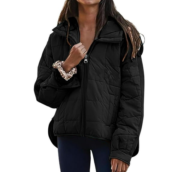 Women's Gradient Color Puffer Coat, Oversized Hooded Zip Up Jacket, Lightweight Quilted Winter Coat, Long Sleeve Round Hem Jacket, Warm Padded Outerwear, Casual Winter Jacket Black L