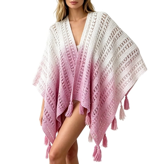 Women's Gradient Color Shawls and Wraps Open Front Poncho Cape with Fringes, Tassel Beach Cover Up