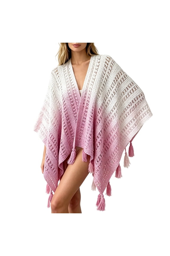 Women's Gradient Color Shawls and Wraps Open Front Poncho Cape with Fringes, Tassel Beach Cover Up