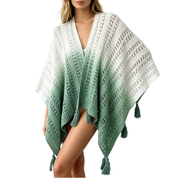 Women's Gradient Color Shawls and Wraps Open Front Poncho Cape with Fringes, Tassel Beach Cover Up