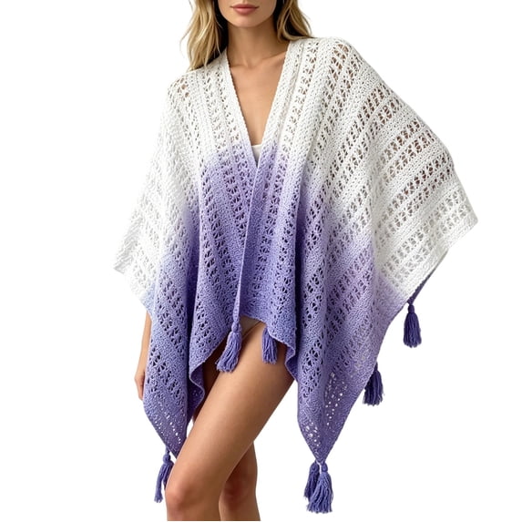 Women's Gradient Color Shawls and Wraps Open Front Poncho Cape with Fringes, Tassel Beach Cover Up